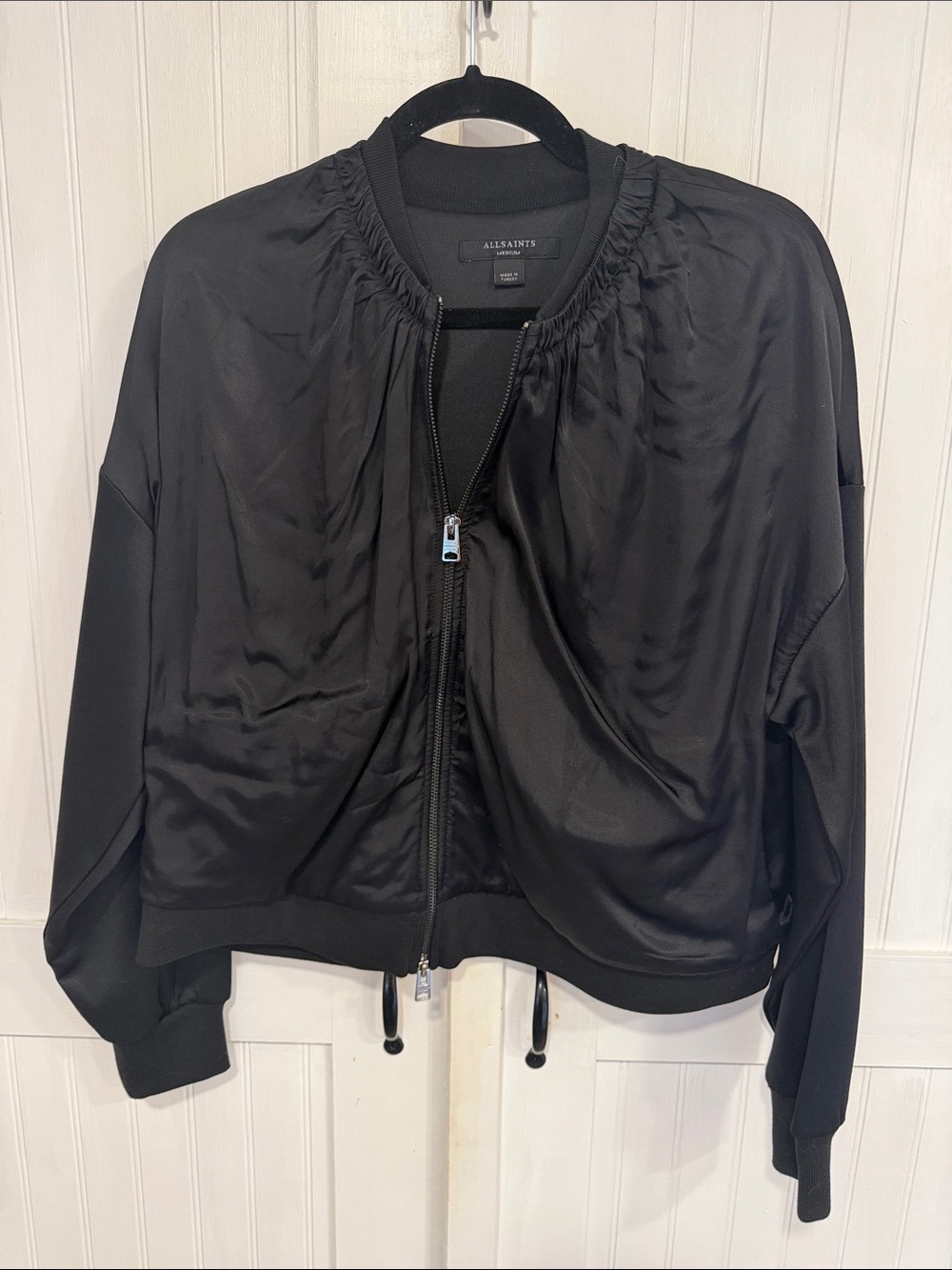 All Saints Mirri Black Satin-Front Bomber Jacket size M